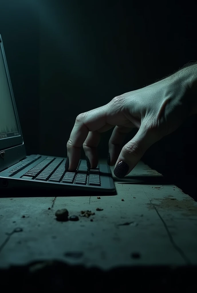 Finger touch keyboard PC. Smile evil. In dark place. POV from finger shoot.
