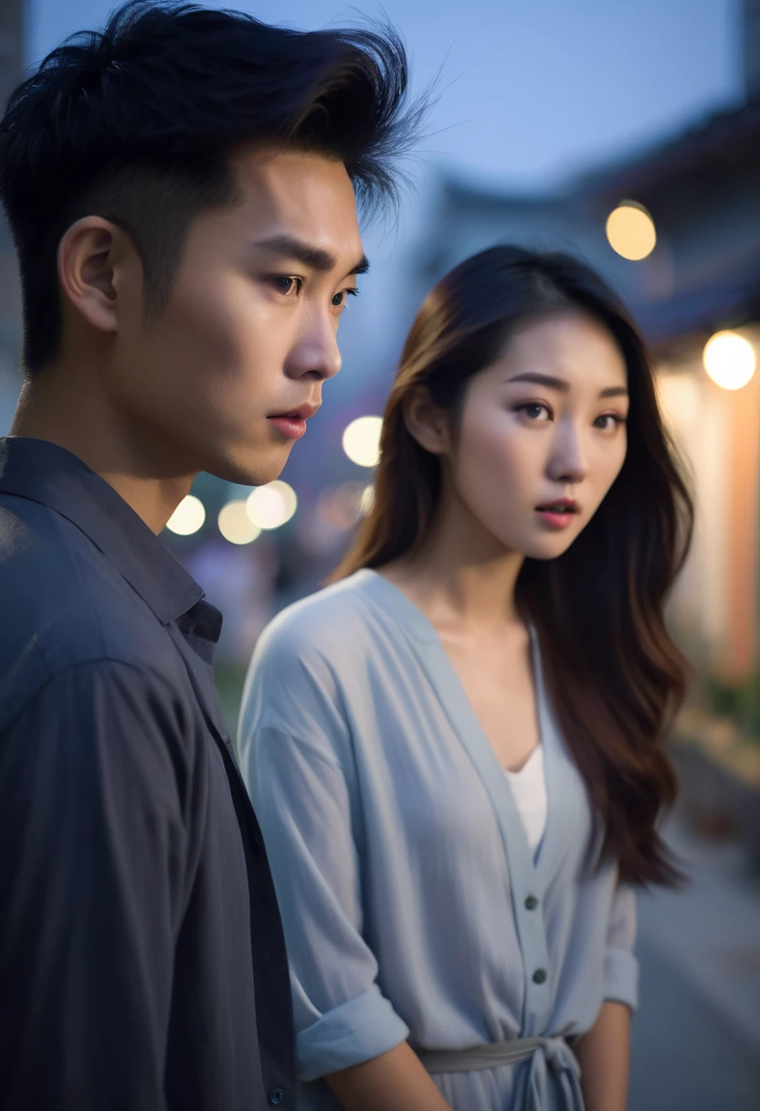 Create a softly blurred cityscape or an atmospheric apartment setting at twilight. Add subtle hints of ethereal light or mist to evoke a sense of mystery and romance. A young charming asian man with a playful look on his face disappearing facing him is a young beautiful asian women looking at him with a mixed expression of confusion and frustration.

