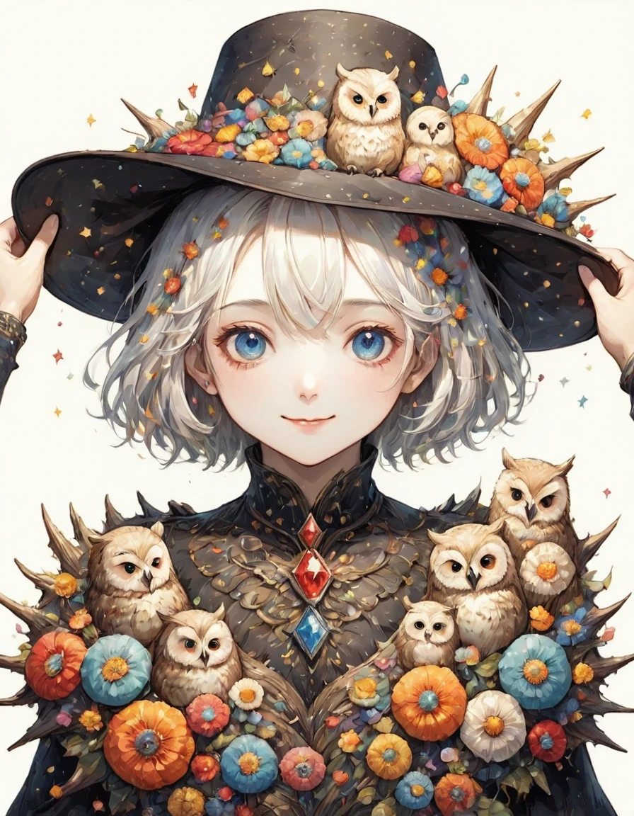 Highest quality、High resolution、(Beautiful face in every detail:1.4)、(Draw a picture to fit on the canvas:1.5)、Carefully draw your hands、Delicate hands、Elaborate hands、Anatomically correct、(Normal number of fingers:1.2)、(Highly detailed face)、Detailed eyes、大people、２０Age、Perfect body line、Stand in the center、so beautiful、 (((Blank Background:1.5, No background:1.5, Background white:1.5)))、１people、(Upper Body:2.0)、woman、(smile:1.5)、Halloween、witch、The hat is very small、(White Hair:2.0)、(Short spiky hair:2.0)、(witchの帽子:1.5)、(owl1羽:2.0)、(1羽のとても大きいowl:1.5)、(owl１Being with the feathers:1.5)、(owlはwomanの体の手か前腕にとまってる:1.5)、(The hat only has flowers on it:2.0)、There are lots of flowers on the hat、Unexposed clothing、(リアルなowl:1.5)、まるで写真のようなowl、Change the design of the clothes、(Victorian dress:1.5)、Robe、Do a different pose、White clothes、(The hat has a different large jewel on it every time.:2.0)、Remove extra fingers、胸元にowlが止まっている、owl消さないで、(Change the arm pose:2.0)、Change the design of the jewel on the hat、