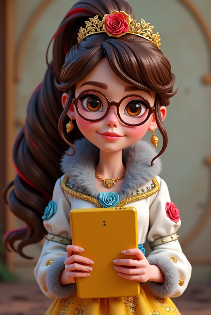 Imagem da filha da Ramona Badwof e da Rosabella Beauty de Ever After High: Long wavy brown ponytail with red streaked bangs, first of all, light brown eyes, brown glasses with a red rose, white blouse with blue, with roses on the blouse and sleeves, yellow skirt with golden roses, a faux fur collar around the neck of gray color, golden flower tiara on head, You have to be holding a yellow tablet with red roses in your hands, You have to have red highlights in your hair