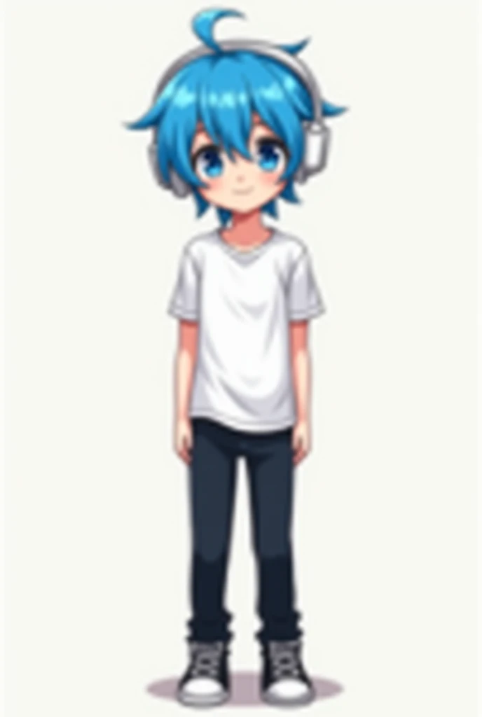 Blue hair,white tshirt,white big headphone,black shoes,black pant,anime,2,boy,blue eye,5 feet