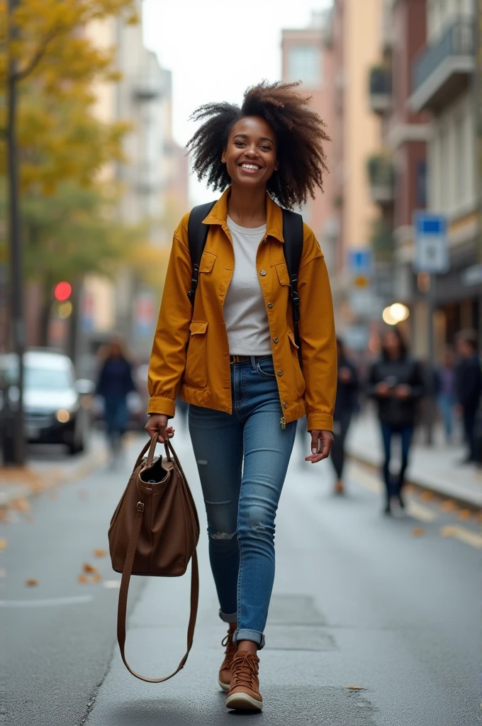 A young woman carries a bag and is going to school.