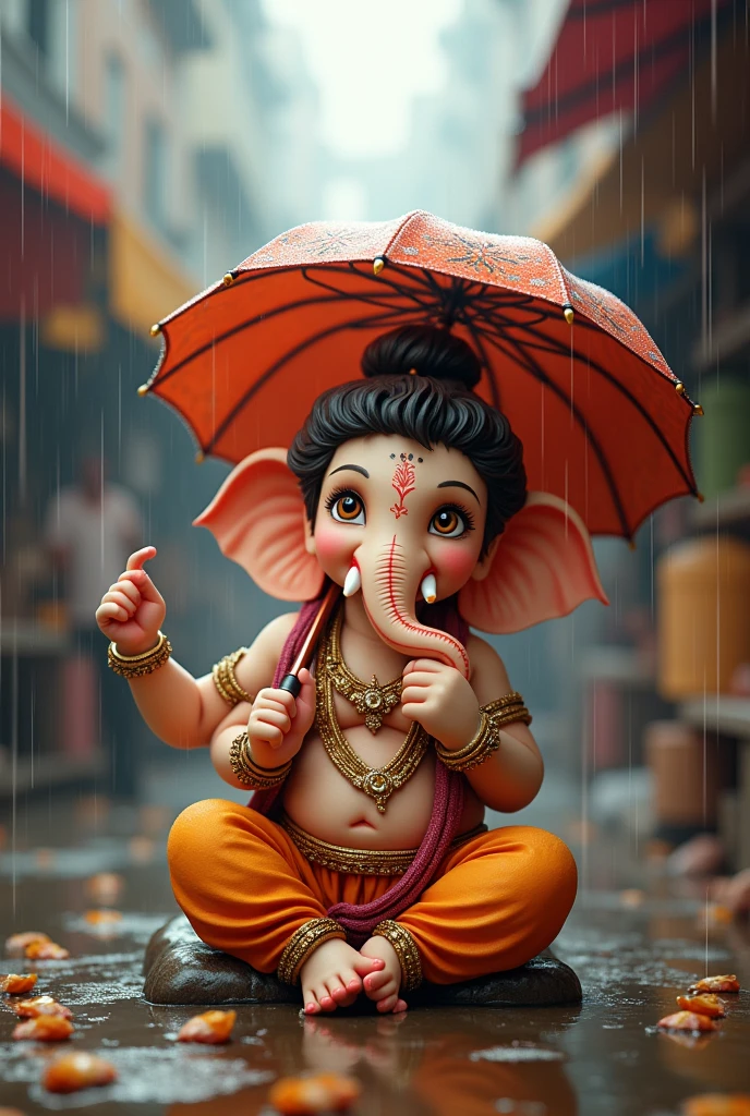 Little ganesha waking with umbrella in rainy season in market.