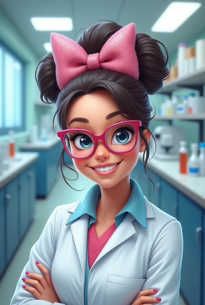 Draw a medical laboratory technologist with a big, cheerful smile. Give it sparkly, girly accessories like a glittery bow or a pair of playful, oversized glasses.