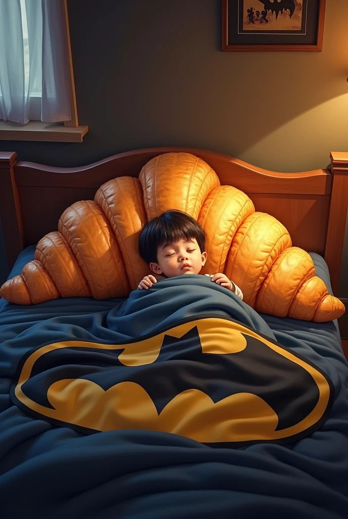 Example of a croissant-shaped mattress using a Batman sheet and there is a small child sleeping using a batman bedcover 