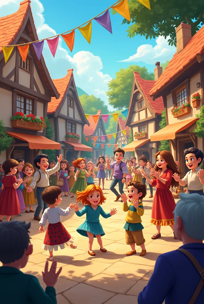 The village in a festive atmosphere with villagers dancing, feasting, and celebrating the return of the children and the defeat of the witch.
Use high resolution cartoon