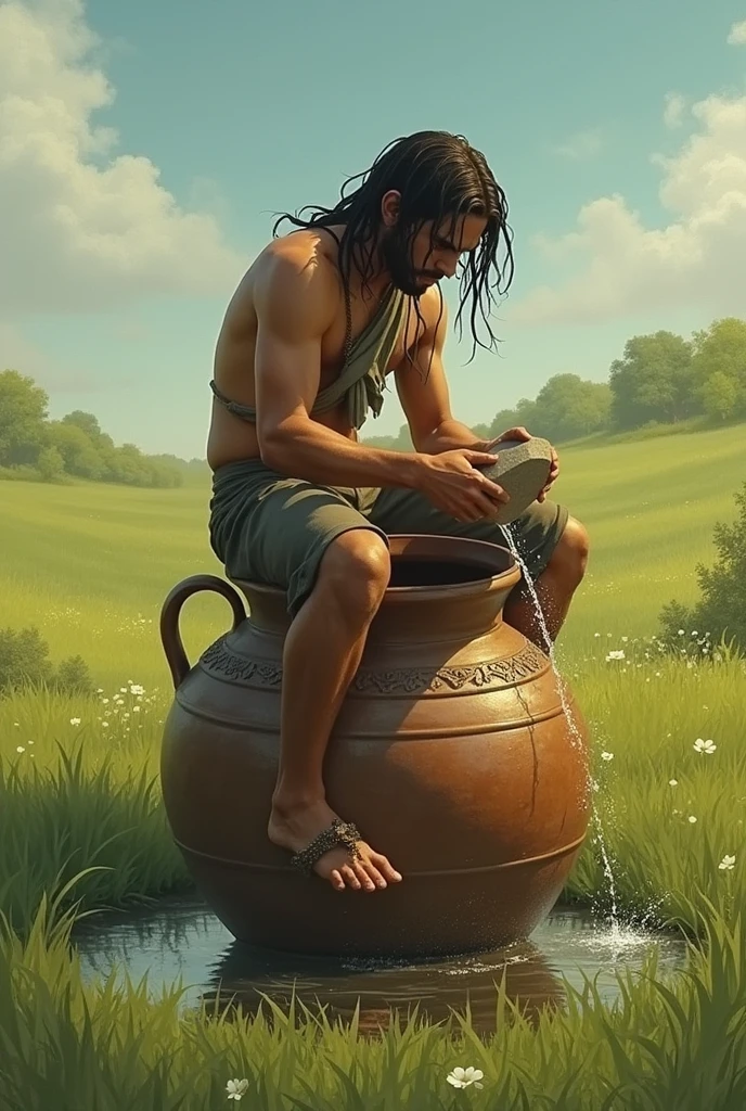 thirsty grow sit on jug put stone to fill so water come outside sit in grass