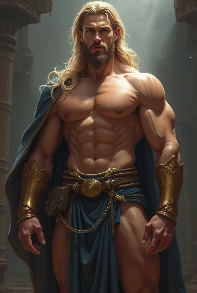 A regal and imposing young muscular king stands at 6'5", showcasing a muscular and well-defined physique. His strong jawline, high cheekbones, and piercing blue eyes exude wisdom and intensity. His hair, a cascade of golden waves, falls loosely around his shoulders. A neatly trimmed beard frames his face, adding to his rugged charm. He is naked
