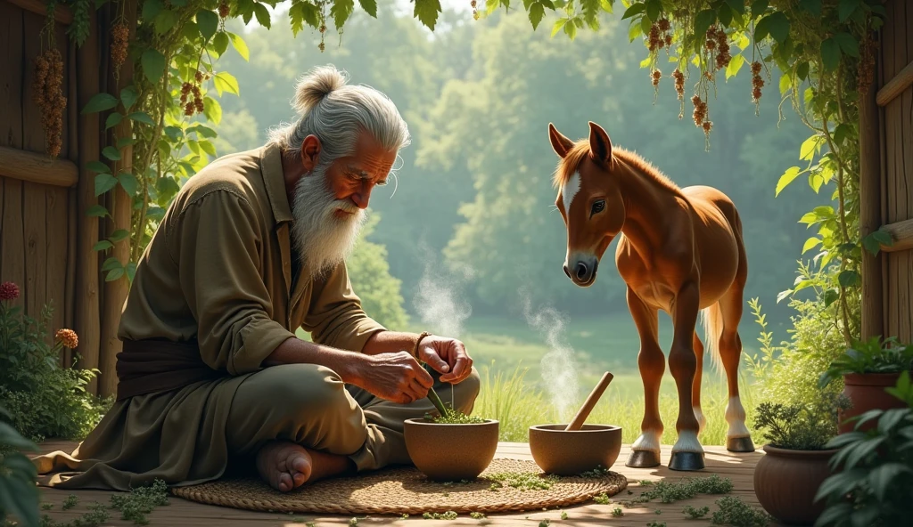 Herbal Healing**: The sage preparing a mixture of herbs and applying it to the foal’s wounds, seated on a wooden mat in his simple, natural hut, with medicinal plants around.