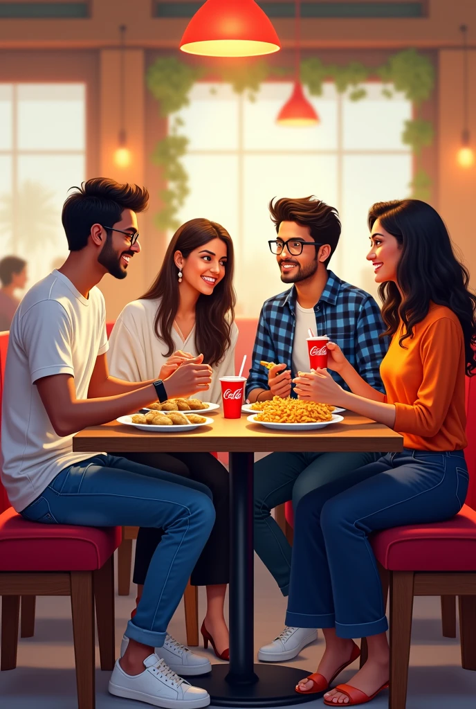 One young man is wearing a white printed shirt, jeans, smart watch and white shoes and another young man is wearing a blue checked shirt, jeans and specs, whereas a young woman is wearing a white Indian suit, black pallazo, white shoes and specs and the other young woman is wearing a carrot colour top and jeans, all four people are sitting in a restaurant and eating momos, French fries and Coca Cola. Both boys are sitting in middle.