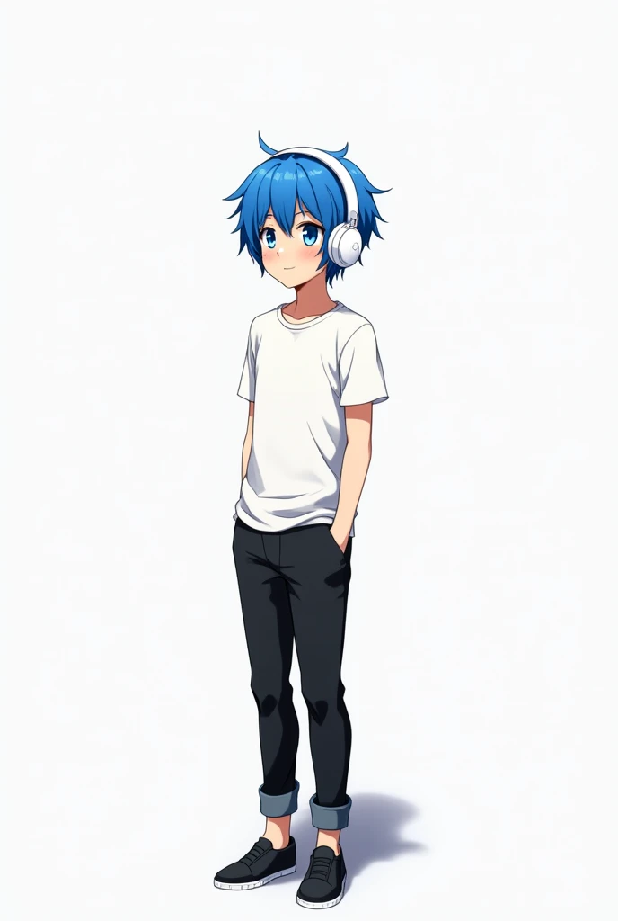 Blue hair,white tshirt,white big headphone,black shoes,black pant,anime,2,boy,blue eye,100 feet