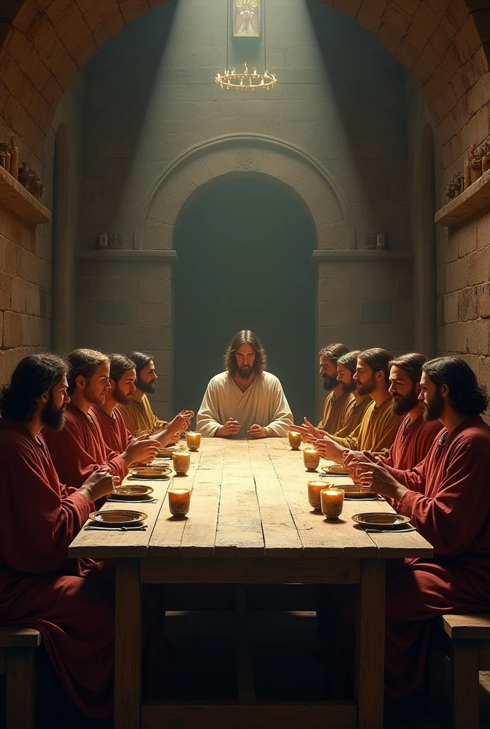 Across the old room stands a long table and behind the table sit 12 apostles and in the middle is Jesus
