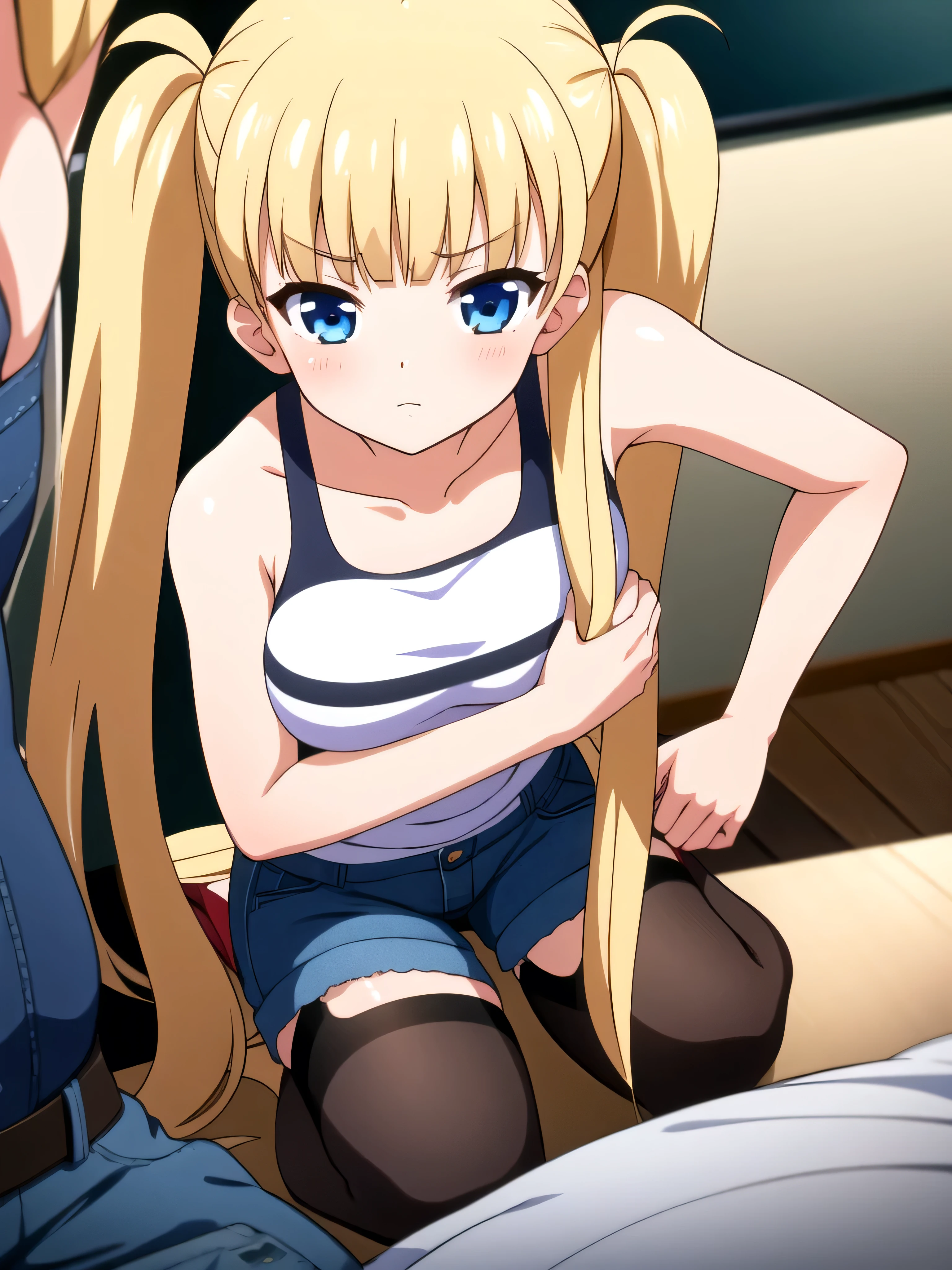 (masterpiece, Best Quality:1.2), absurdities, perfect anatomy, owtech, stylized, 1 girl, full body, looking at the viewer, blunt bangs, Focus only, Soft lighting, (blue eyes), blonde hair, very long hair, twintails, Airi Akizuki, breast, tank top, ( Denim shorts:1.1), black thighhighs,