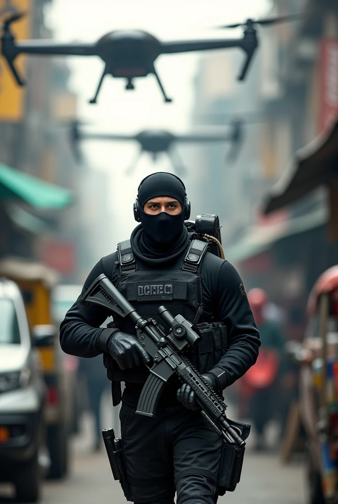 A man dressed in a black commando with a gun around in the middle of Mumbai Road, and commando drones in the sky above