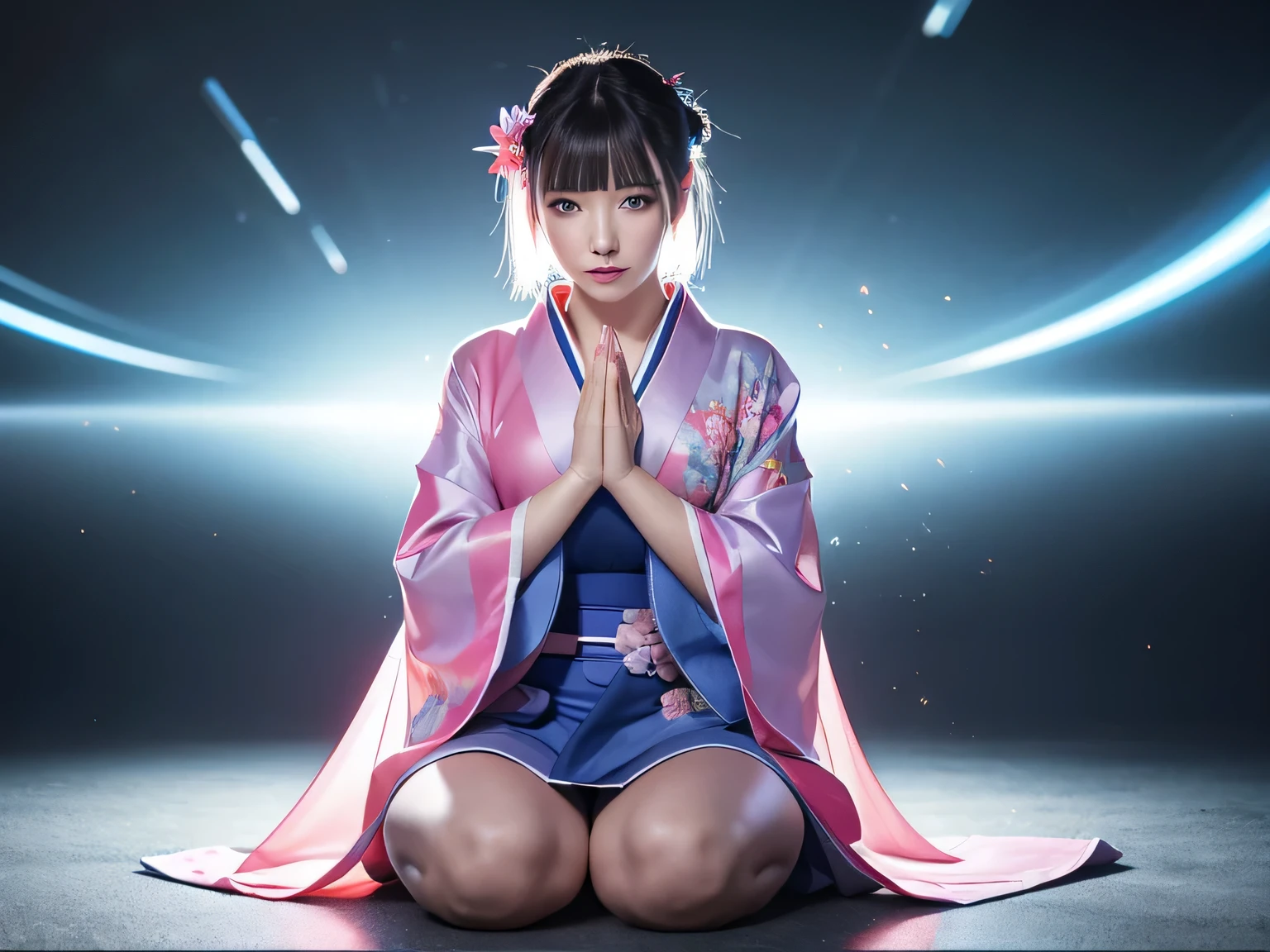 Cyber background,Cyber backgroundパンク,Android,The background is the future,The background is a virtual space,A woman in a kimono is sitting on the floor and bowing.,A woman in a kimono is sitting on the floor with her hands on her knees, bowing.,A woman in a kimono is expressing gratitude,The face is in the center of the image、 Sit in the center、 translucent, Glossy Lips、 Deep blue eyes and silver bob hair、 Delicate border on forehead, She has pink flowers in her hair, And kimono-style clothing、Cyber Kimono,cyberpunk kimono,Ambient light particles and hazy light effects; Radial halo detail and texture behind the character、 Vivid colors and high contrast overall