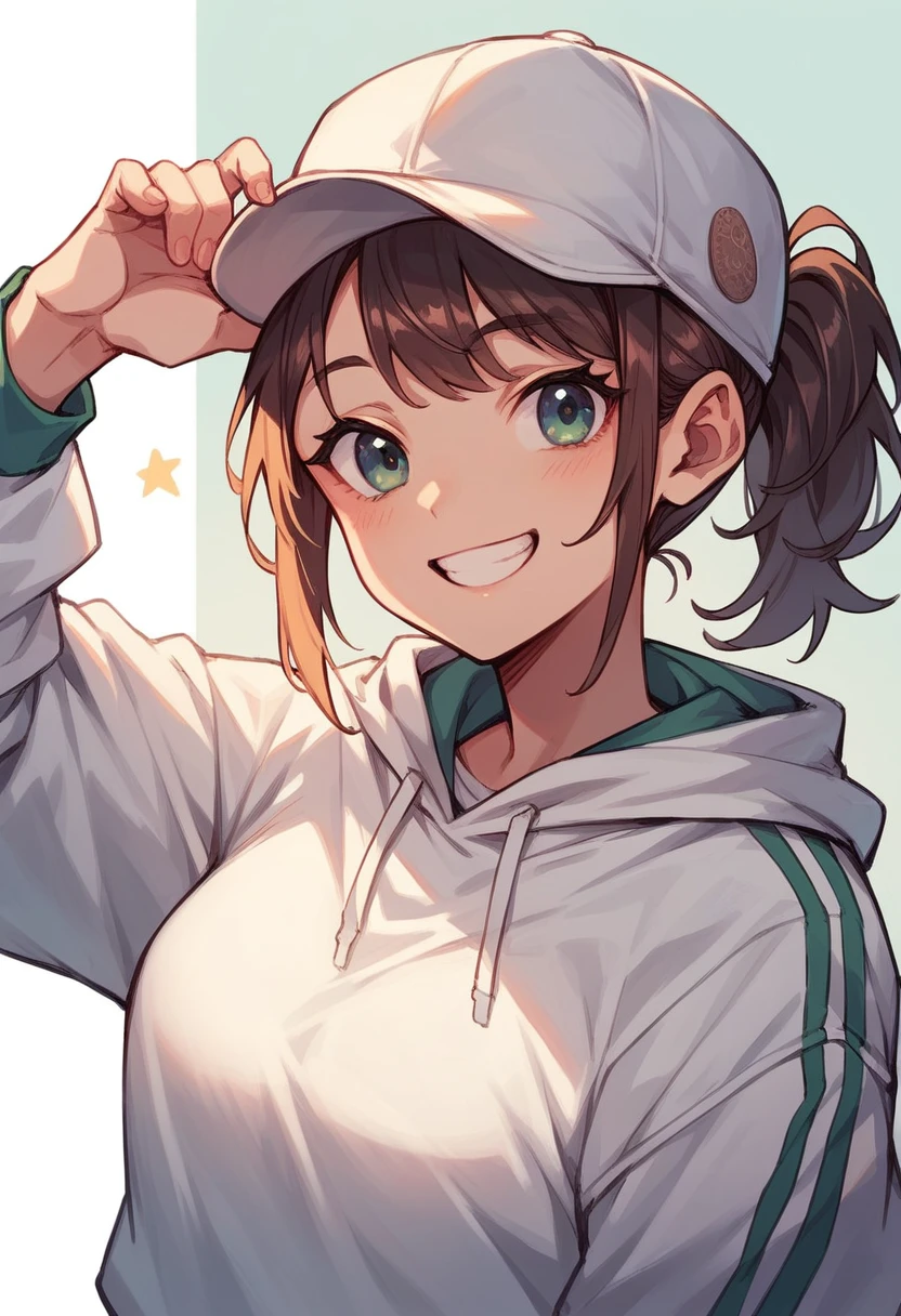 A woman wearing white cotton sweatshirt, wearing a beige baseball cap, smiling at the camera