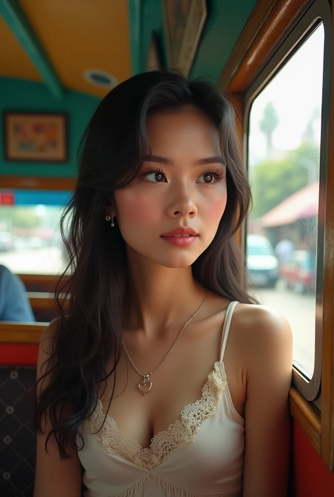 Make a real beautiful filipino in jeep while she's not looking at the camera but neutral face and real jeep passenger 