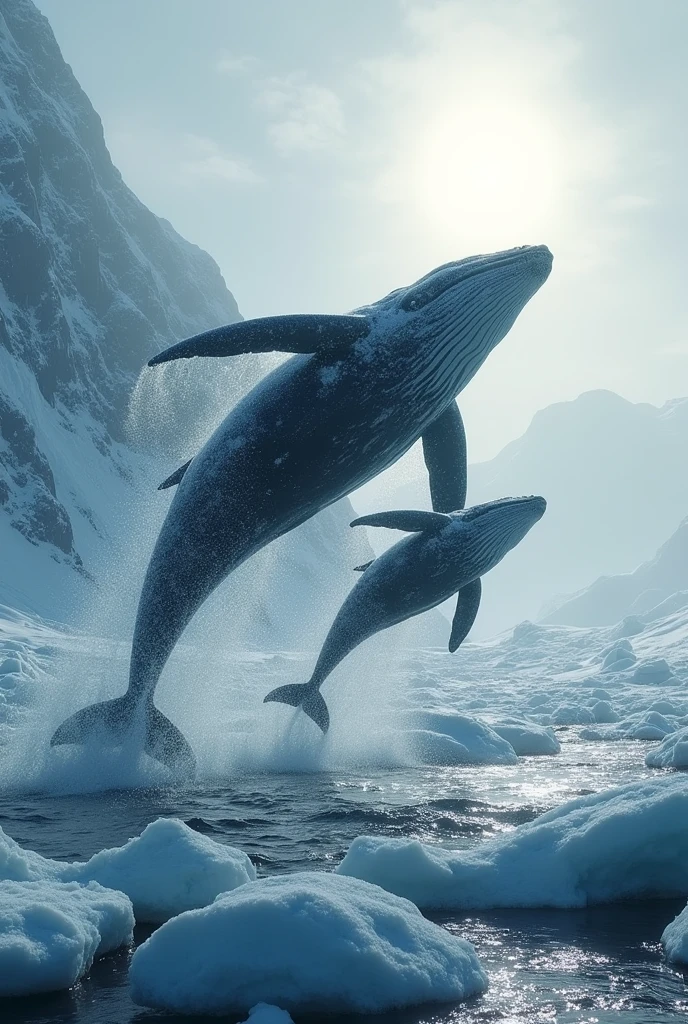 Ultra-realism、masterpiece、Highest quality、Film Grain、RAW Photos、Nice views、wallpaper、Frozen morning landscape、Fresh Snow、Jumping humpback whale parent and child、Rough seas in the Arctic、Sun Pillar