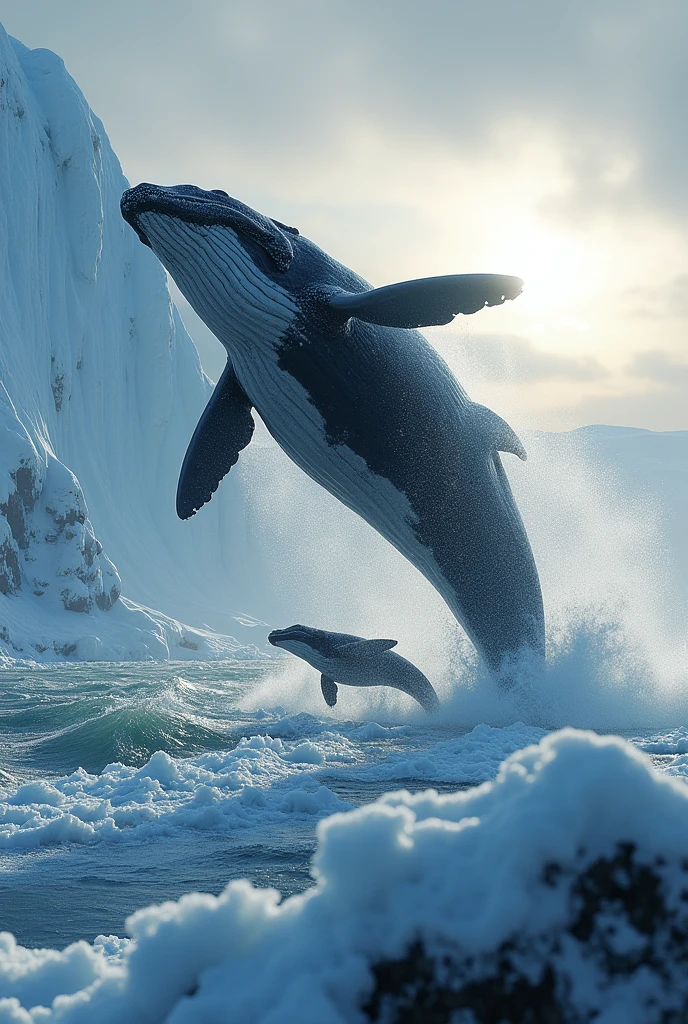 Ultra-realism、masterpiece、Highest quality、Film Grain、RAW Photos、Nice views、wallpaper、Frozen morning landscape、Fresh Snow、Jumping humpback whale parent and child、Rough seas in the Arctic、Sun Pillar