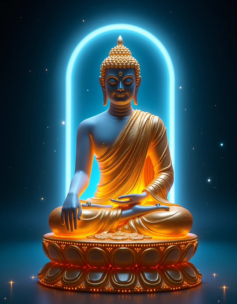 (masterpiece, best quality:1.2), A beautiful intricate Buddha statue , Wearing a golden cassock,Lotus position in yoga, lotus,Body Glow,translucent的皮肤,Made of hard elastic silicone, glowing lines,Fluorescence,Glow Example,Sample trace,flash,萤Light Particles,Backlight,translucent,Light Particles,Blue gradient((Epic Star Gate))background