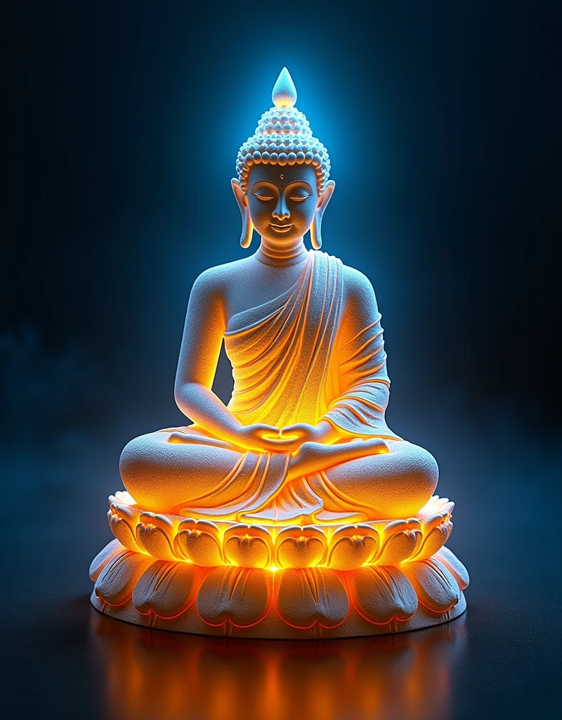 (masterpiece, best quality:1.2), A beautiful intricate Buddha statue , Wearing a golden cassock,Lotus position in yoga, lotus,Body Glow,translucent的皮肤,Made of hard elastic silicone, glowing lines,Fluorescence,Glow Example,Sample trace,flash,萤Light Particles,Backlight,translucent,Light Particles,Blue gradient((Epic Star Gate))background