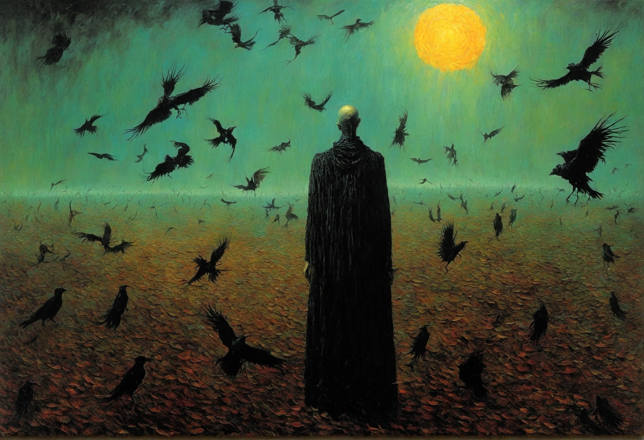 Mythical creatures, author：Zdzislaw Beksiński and Vincent van Gogh, Album cover, romantic, Surrealism, Futuristic ,smile , Wizard, Abstracted, dark, landscape、suicide、Hanged bodies found all over the country、Crows flock together、Unlucky、Scream