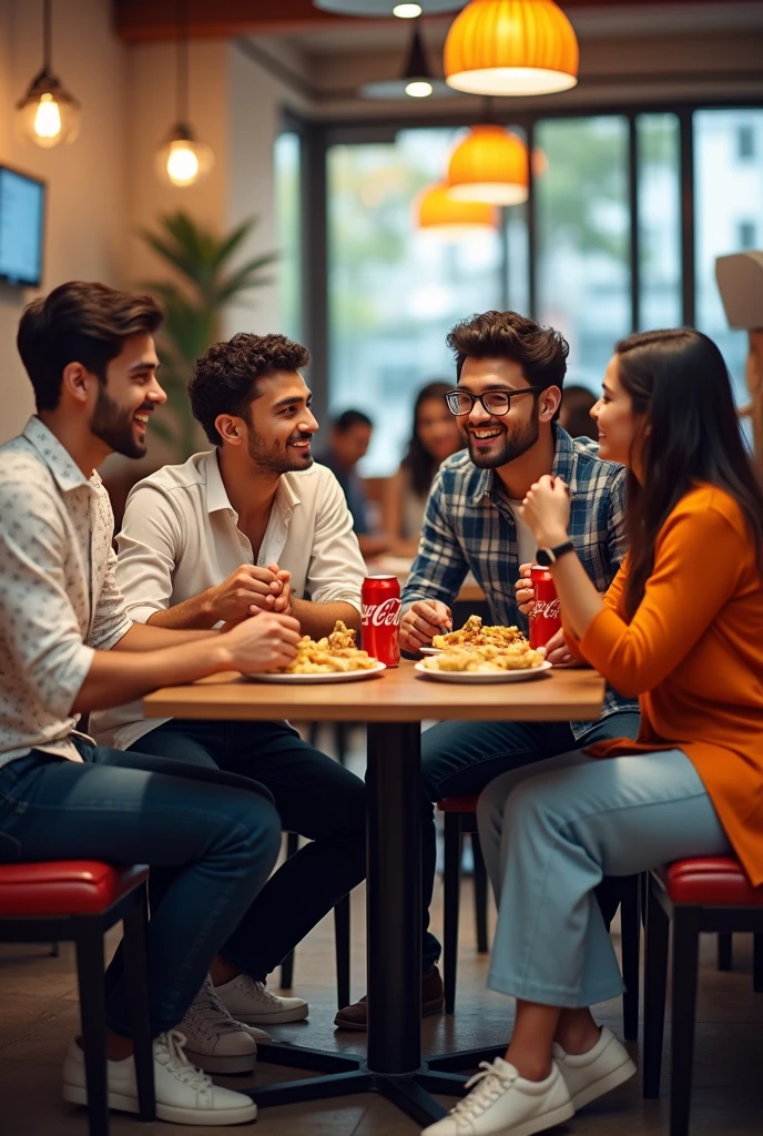 One young man is wearing a white printed shirt, jeans, smart watch and white shoes and another young man is wearing a blue checked shirt, jeans and specs, whereas a young woman is wearing a white Indian suit, black palazzo, white shoes and specs and the other young woman is wearing a carrot colour top and jeans, all four people are sitting in a restaurant and eating momos, French fries and Coca Cola. Both boys are sitting in middle.