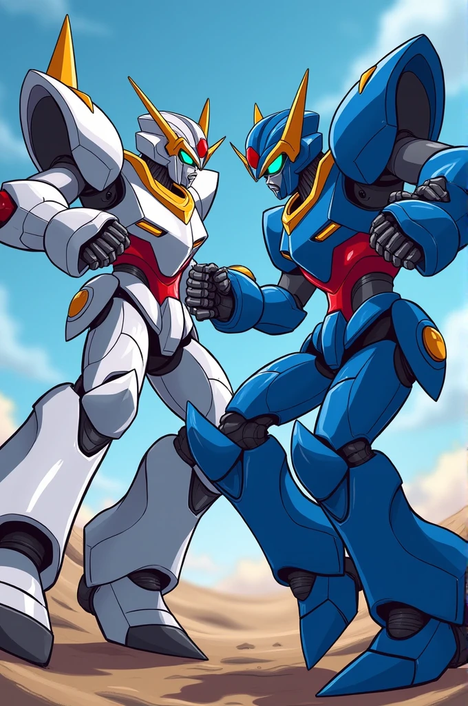Omega blue robot and zeta white robot 
battling each other cartoon style pic 