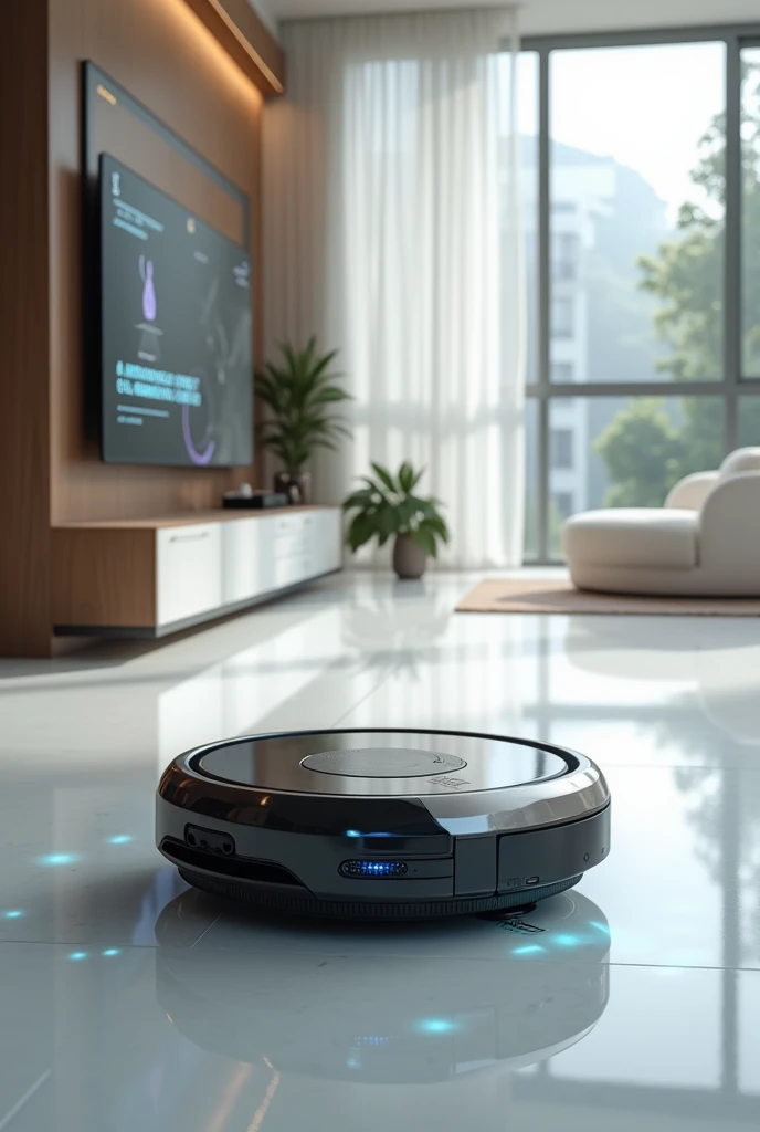 Smart robot vacuum cleaner cleans apartment in futuristic style