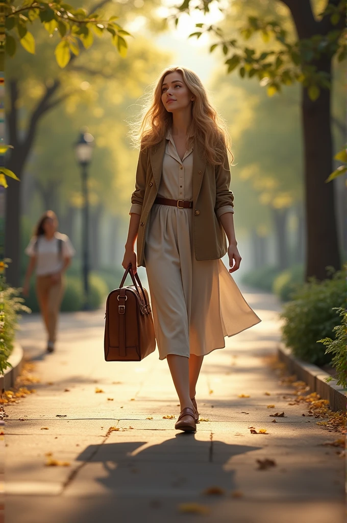 A beautiful young woman carried a bag and was going to school.