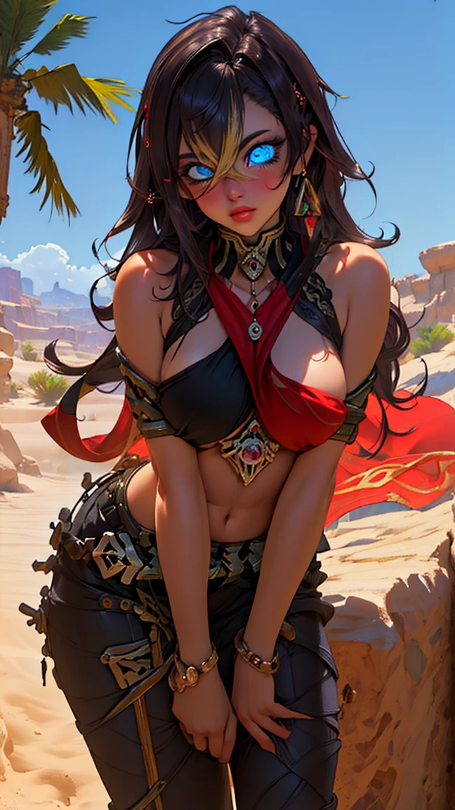 (masterpiece:1.2), best quality, high resolution, unity 8k wallpaper, (illustration:0.8), (beautiful detailed eyes:1.6), extremely detailed face, perfect lighting, extremely detailed CG, (perfect hands, perfect anatomy), leaning forward showing her chest, sexy, NSFW, blush, looking at viewer, small boobs, sexy pose, (in a twilight oasis), (ancient desert)