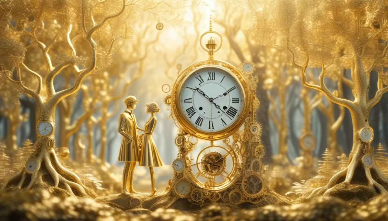 timeart golden clock lovers in forest