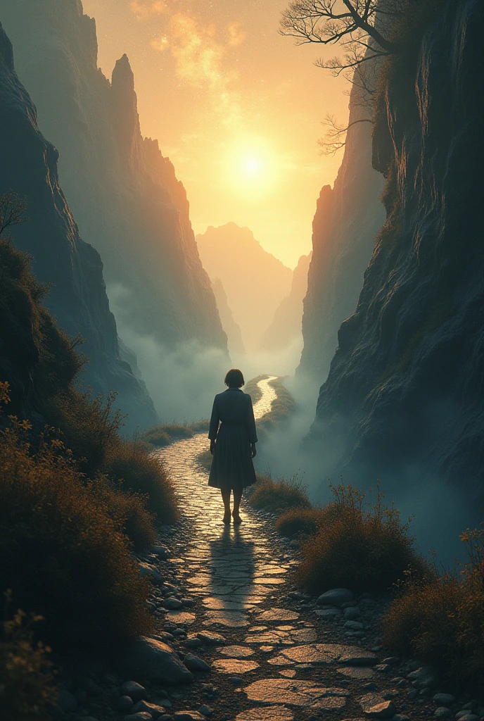 Create an image of a person walking along a challenging and winding path, symbolizing life's difficult journey. The path should be surrounded by a mix of bright and dark elements, representing the contrast between hope and hardship. In the distance, faint rays of light should break through, symbolizing hope and perseverance. The person's expression should be determined, embodying resilience and courage. The background can include subtle hints of dreams and aspirations, like soft glows or distant stars. The overall scene should evoke a sense of struggle, but also of unwavering hope and the promise of a new dawn