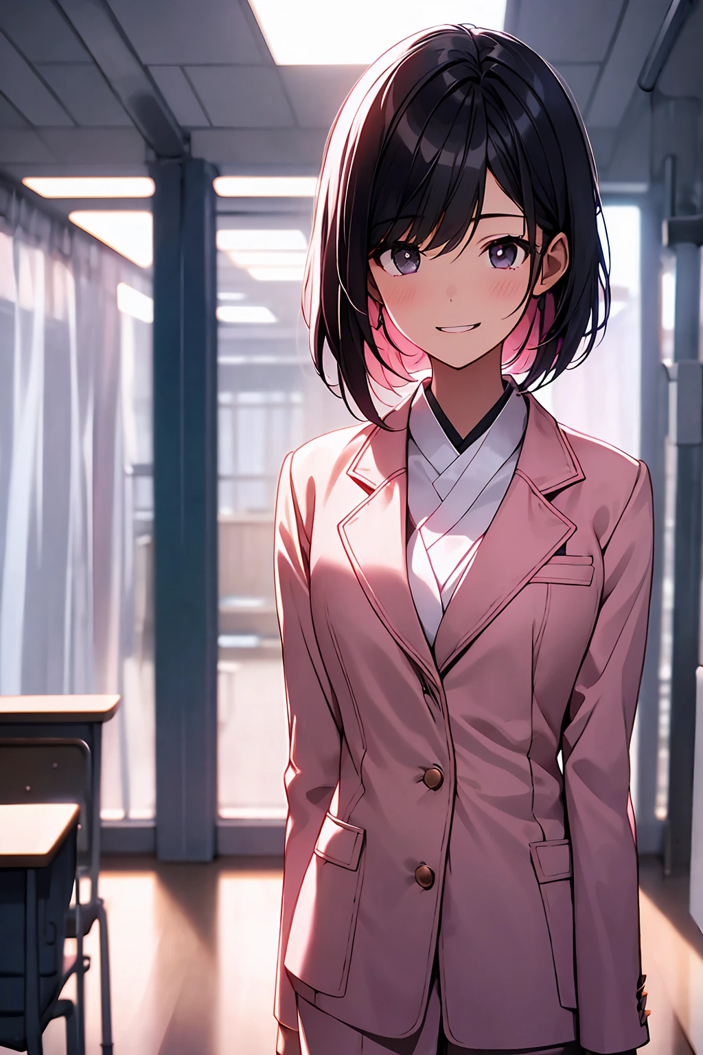 Wearing a pink blazer uniform、High school girl with boyish hairstyle、Black Hair、Open Mouth Smile、An empty classroom in a school at night、Dark Eyes
