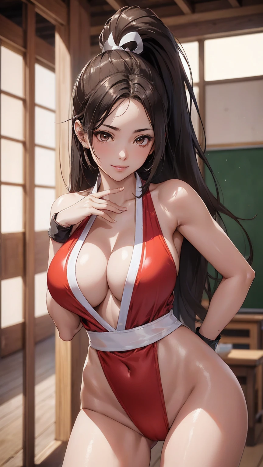 (((school swimsuit)))、leaning forward, sexy pose, bewitching pose, ((8k)), ((32K)), ((Highest quality)), ((masterpiece)), ((Ultra-high resolution)), ((Tmasterpiece))、((8k)), ((32K)), ((Highest quality)), ((masterpiece)), ((Ultra-high resolution)), Fine skin、女性1 person、((mai shiranui:1.2)), Expose your shoulders、Brown Hair, Brown eyes, Long and high ponytail, hair band, 1 person、Captivating smile, 2, Japanese Mature, Beautiful fingers, Beautiful long legs, Beautiful body, Beautiful Nose, Beautiful character design, Perfect Eyes, Perfect Face, hair ornaments, 適切な体のProfessionalポーション,Professionalの照明,Realistic Shadows, (Big Breasts:1.2) , High quality fabric, High quality metallic texture、((Beautiful and dense face))、RAW Photos、Professional, Ultra-fine painting, ((alone)), Beautiful breasts、,Concept Art, Anime fantasy artwork, Slim legs, red cheek, cowboy shot, Indoor poolside、