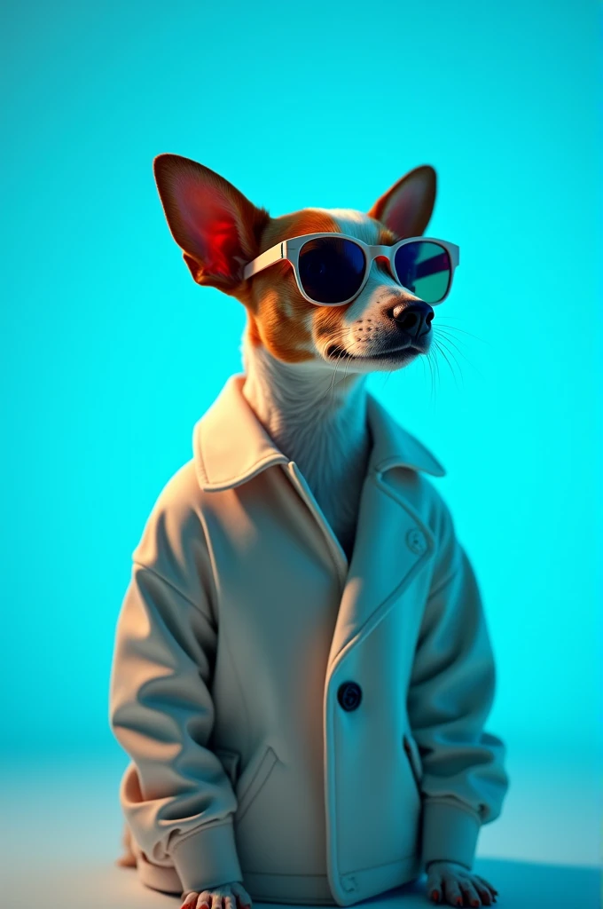 The best cell phone wallpaper, Award-Winning Wallpaper, portrait photography, In the front view is a portrait of a cute dog wearing mid-1960s space age fashion, Side view photo, Shot with Canon EOS R5, Set a strong contrast that accentuates the subject, Fluorescent blue tone, Wearing a very modern coat and sunglasses is a modern 1960s style, Clothes all in one color, beautiful background
