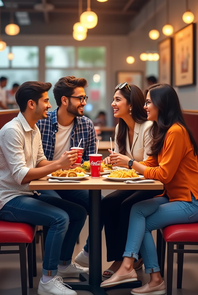 One young man is wearing a white printed shirt, jeans, smart watch and white shoes and another young man is wearing a blue checked shirt, jeans and specs, whereas a young woman is wearing a white Indian suit, black palazzo, white shoes and specs and the other young woman is wearing a carrot colour top and jeans, all four people are sitting in a restaurant and eating momos, French fries and Coca Cola. Both boys are sitting in middle.