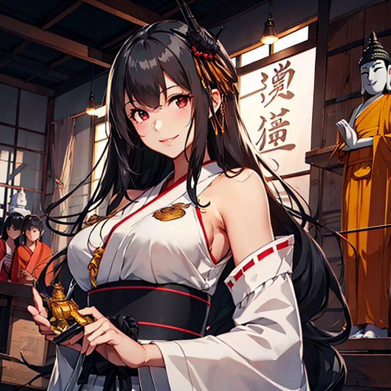 fusou_kantaicollection,
black_hair, long_hair, hair_ornament, red_eyes, nontraditional_miko, breasts, large_breasts, smile,
(masterpiece:1.4),(best quality:1.4), (premium:1.4), (great illustration:1.4), (ultra-detailed:1.4),(art CG, 8K),1girl solo, KonishiCSA,(Buddha Statue:1.4),
