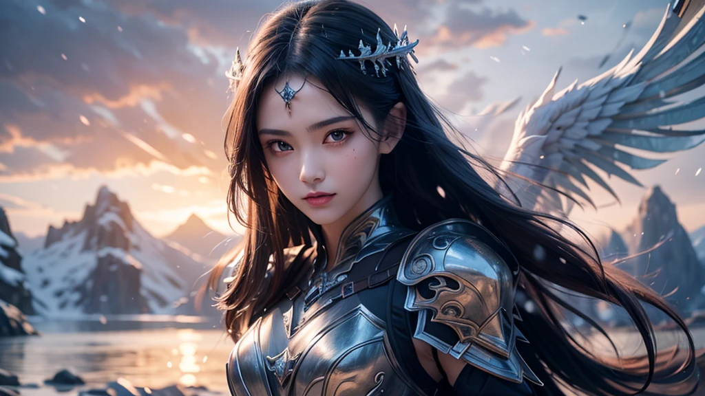 Close-up of woman holding sword and armor, Armor Girl, 2. 5D CGI anime fantasy artwork, Large Breasts，Epic fantasy digital art style, detailed Digital 2D fantasy art, Digital 2D fantasy art, original photo, (best quality:1.3), high resolution, (masterpiece), (lifelike:1.4), Professional photography, Be focused, High Dynamic Range, 8K resolution, Intricate details, Fine details, Depth of Field, Extremely detailed CG unified 8k wallpaper, masterpiece，poster，best quality，Official Art，（Beauty and aesthetics：1.2），（masterpiece：1.3），miss，Personal，Light Leather Armor，Complex Mode，winter，Snow Mountain，Medium distance photography，（midnight），dramatic，Glowing Wings，