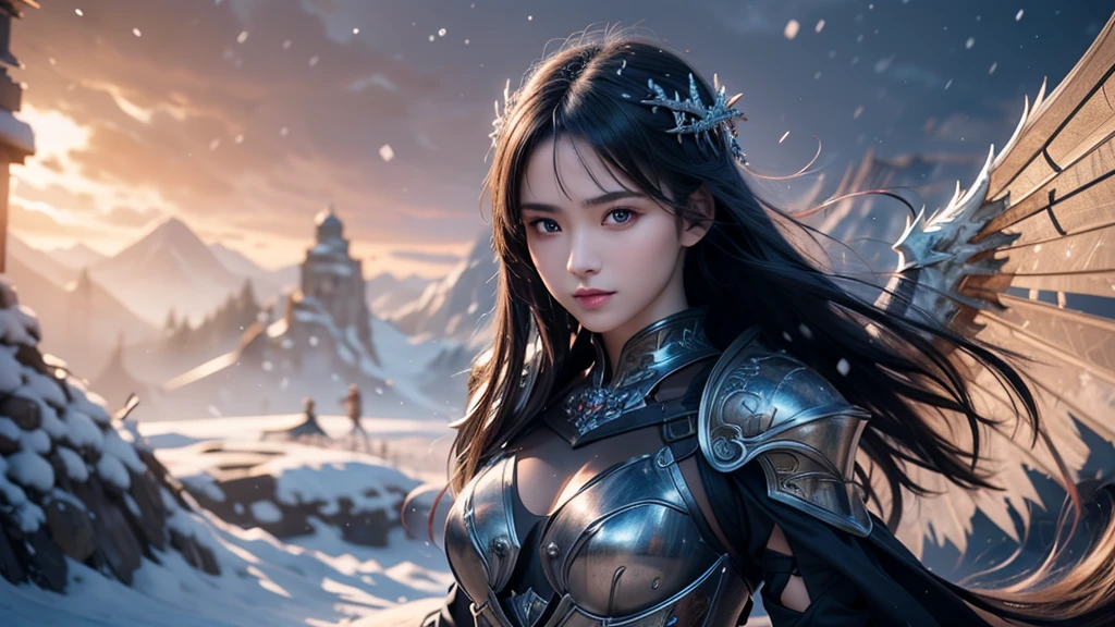 Close-up of woman holding sword and armor, Armor Girl, 2. 5D CGI anime fantasy artwork, Large Breasts,Epic fantasy digital art style, detailed Digital 2D fantasy art, Digital 2D fantasy art, original photo, (best quality:1.3), high resolution, (masterpiece), (lifelike:1.4), Professional photography, Be focused, High Dynamic Range, 8K resolution, Intricate details, Fine details, Depth of Field, Extremely detailed CG unified 8k wallpaper, masterpiece,poster,best quality,Official Art,(Beauty and aesthetics:1.2),(masterpiece:1.3),miss,Personal,Light Leather Armor,Complex Mode,winter,Snow Mountain,Medium distance photography,(midnight),dramatic,Glowing Wings,