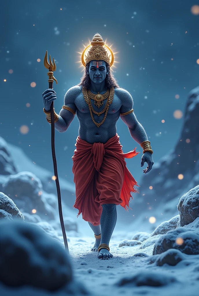 cinematic animated character art, shillouete of Lord ganesh walking in Himalayas at night, red dhoti, strong arms, body covered in white ash, wearing detailed golden crown and armbands, multiple hands, divine glow in background, holding a stick, strong snow Blizzard , night sky, night, glowing fireflies in atmosphere, darkness in atmosphere, colour graded, vibrant, 4khd
