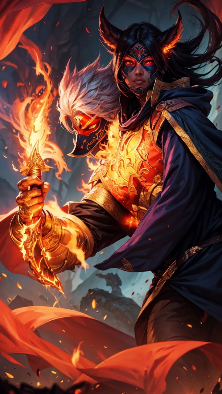 A fantasy character with a flaming sword, ready for combat, wearing a colorful outfit with a mask and a cape, highly detailed, cinematic lighting, vibrant colors, dramatic composition, digital painting, concept art, epic, masterpiece