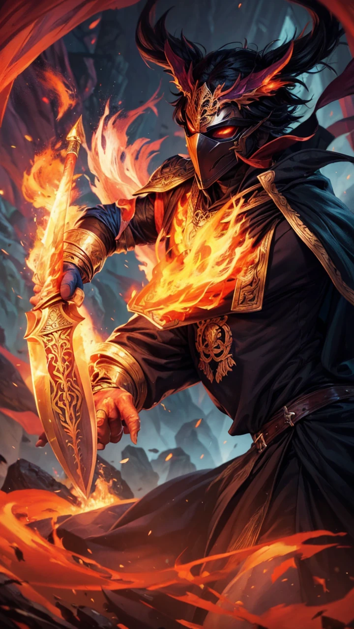 A fantasy character with a flaming sword, ready for combat, wearing a colorful outfit with a mask and a cape, highly detailed, cinematic lighting, vibrant colors, dramatic composition, digital painting, concept art, epic, masterpiece