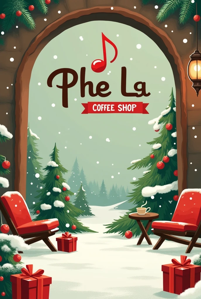Christmas poster for coffee" Phe La" snow with coffee , upside down music note logo and the word "phe la". brown, đỏ, green. Slogan: NOEL PHE PHA TOI PHE LA