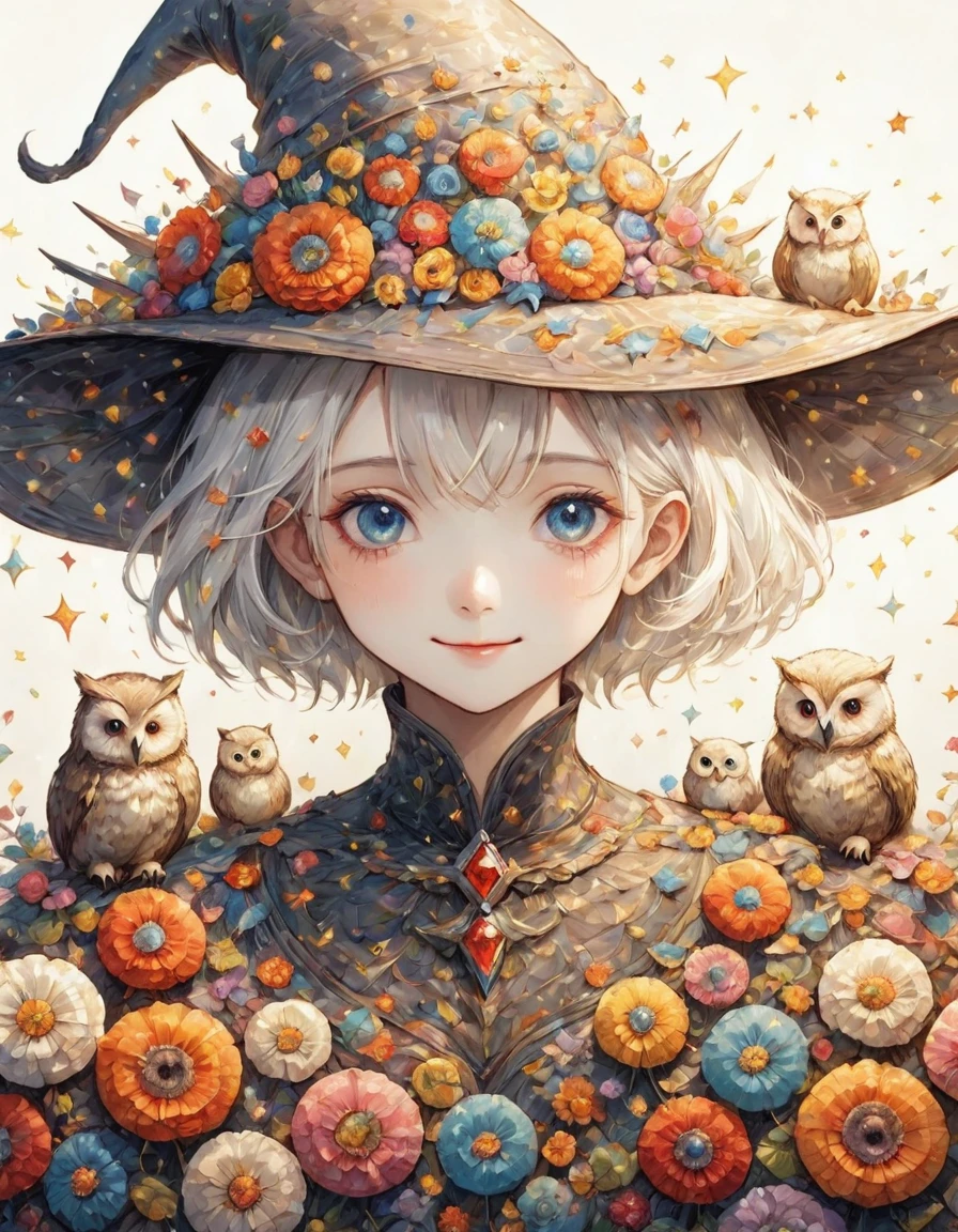 Highest quality、High resolution、(Beautiful face in every detail:1.4)、(Draw a picture to fit on the canvas:1.5)、Carefully draw your hands、Delicate hands、Elaborate hands、Anatomically correct、(Normal number of fingers:1.2)、(Highly detailed face)、Detailed eyes、大people、20Age、Perfect body line、Stand in the center、so beautiful、 (((Blank Background:1.5, No background:1.5, Background white:1.5)))、1people、(Upper Body:2.0)、woman、(smile:1.5)、Halloween、witch、The hat is very small、(White Hair:2.0)、(Short spiky hair:2.0)、(witchの帽子:1.5)、(owl1羽:2.0)、(1羽のとても大きいowl:1.5)、(owl1Being with the feathers:1.5)、(owlはwomanの体の手か前腕にとまってる:1.5)、(The hat only has flowers on it:2.0)、There are lots of flowers on the hat、Unexposed clothing、(リアルなowl:1.5)、まるで写真のようなowl、Change the design of the clothes、(Victorian dress:1.5)、Robe、Do a different pose、White clothes、(The hat has a different large jewel on it every time.:2.0)、Remove extra fingers、胸元にowlが止まっている、owl消さないで、(Change the pose:1.5)、Change the design of the jewel on the hat、