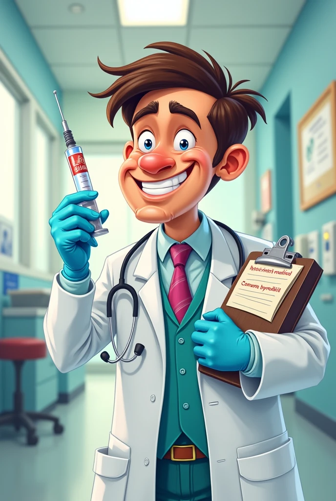 Draw a goofy medical technologist holding a syringe