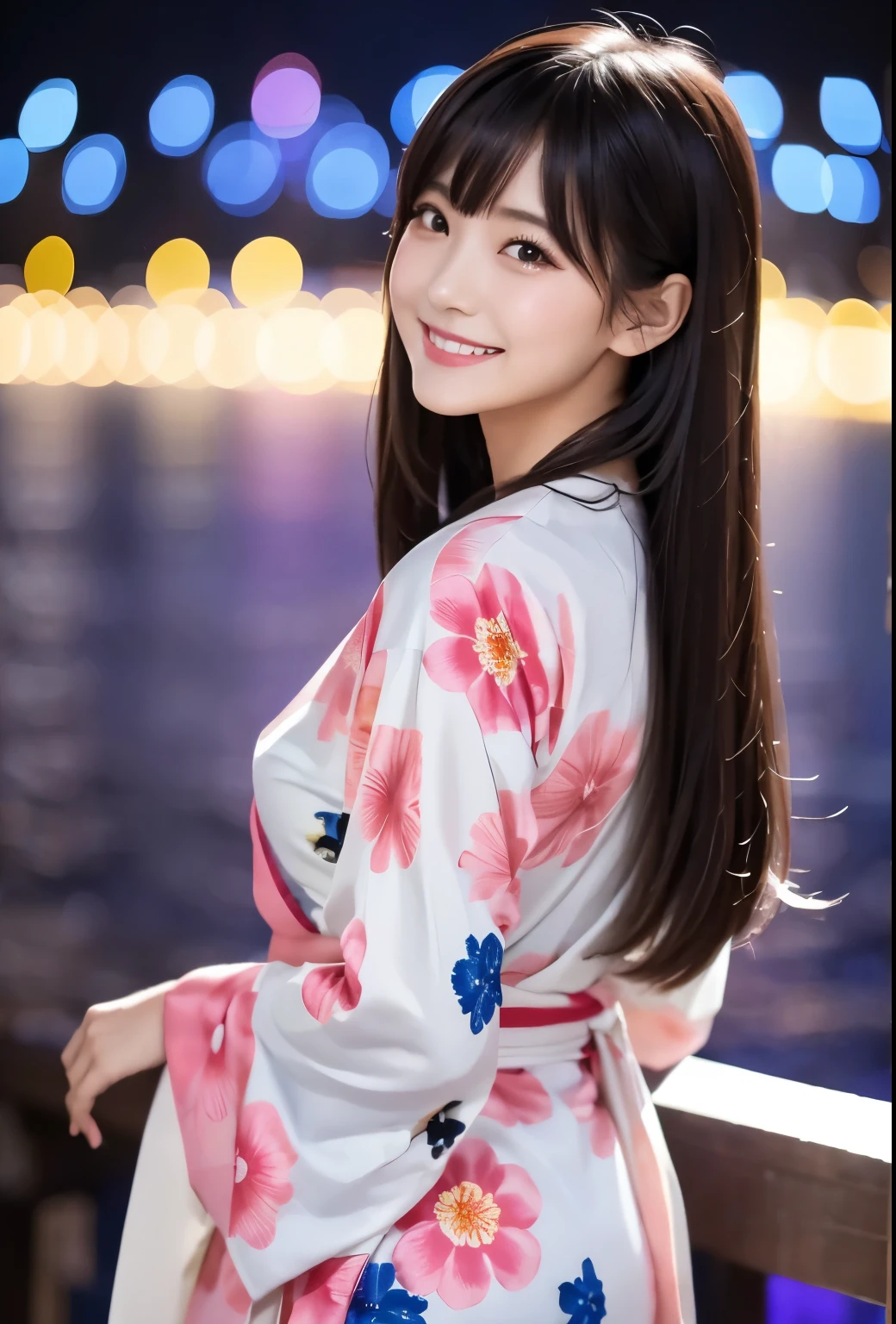 masterpiece、Highest quality、whole body、One Girl、bangs、Japanese、Long Black Hair、Long Hair、yukata、firework、smile、alone、Stylish woman、Pastel colored outfits、front、Luxury background elements、Confident expression、Modern and trendy、Fashion focused