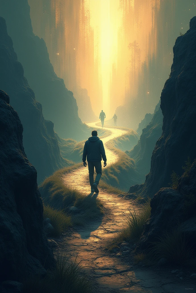 Create an image of a man walking along a challenging and winding path, symbolizing life's difficult journey. The path should be surrounded by a mix of bright and dark elements, representing the contrast between hope and hardship. In the distance, faint rays of light should break through, symbolizing hope and perseverance. The person's expression should be determined, embodying resilience and courage. The background can include subtle hints of dreams and aspirations, like soft glows or distant stars. The overall scene should evoke a sense of struggle, but also of unwavering hope and the promise of a new dawn