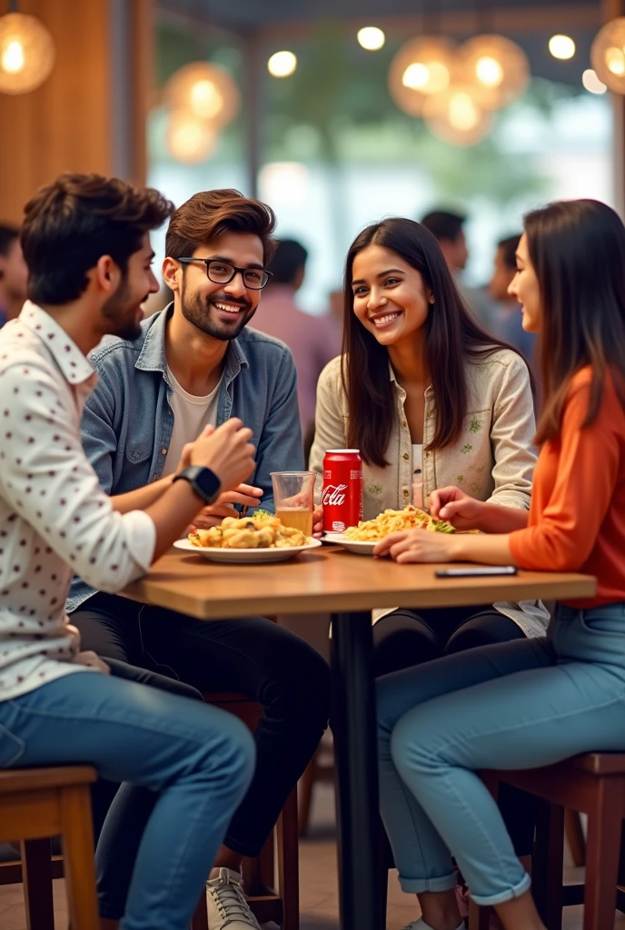 One young man is wearing a white printed shirt, jeans, smart watch and white shoes and another young man is wearing a blue checked shirt, jeans and specs, whereas a young woman is wearing a white Indian suit, black palazzo, white shoes and specs and the other young woman is wearing a carrot colour top and jeans, all four people are sitting in a restaurant and eating momos, French fries and Coca Cola. Both boys are sitting in middle.