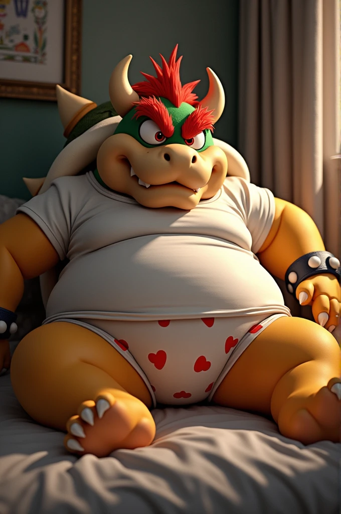 Bowser from Super Mario, morbidly obese, huge round belly, huge moobs, embarrassed, blushing, heart underpants, laying in a bed, tight short sleeves t-shirt